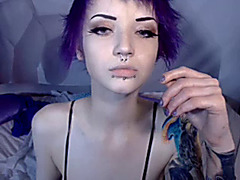 Blue short hair tattoo webcam dildo